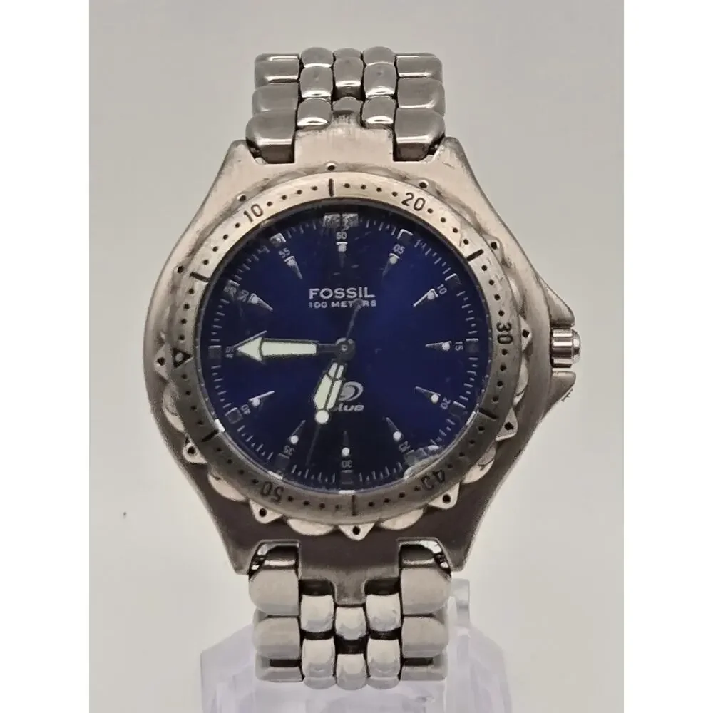 Fossil Blue Mens Watch Stainless Steel Diver Quartz 100M Water Resistant